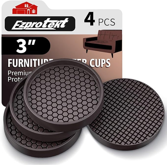 Ezprotekt Non Slip Furniture Pads, 4 Pcs 3" Anti Slip Rubber Caster Cups, Anti Skid Furniture Coasters for Hardwood Floors, No Slide Furniture Gripper, Furniture Stoppers to Prevent Sliding (Brown)