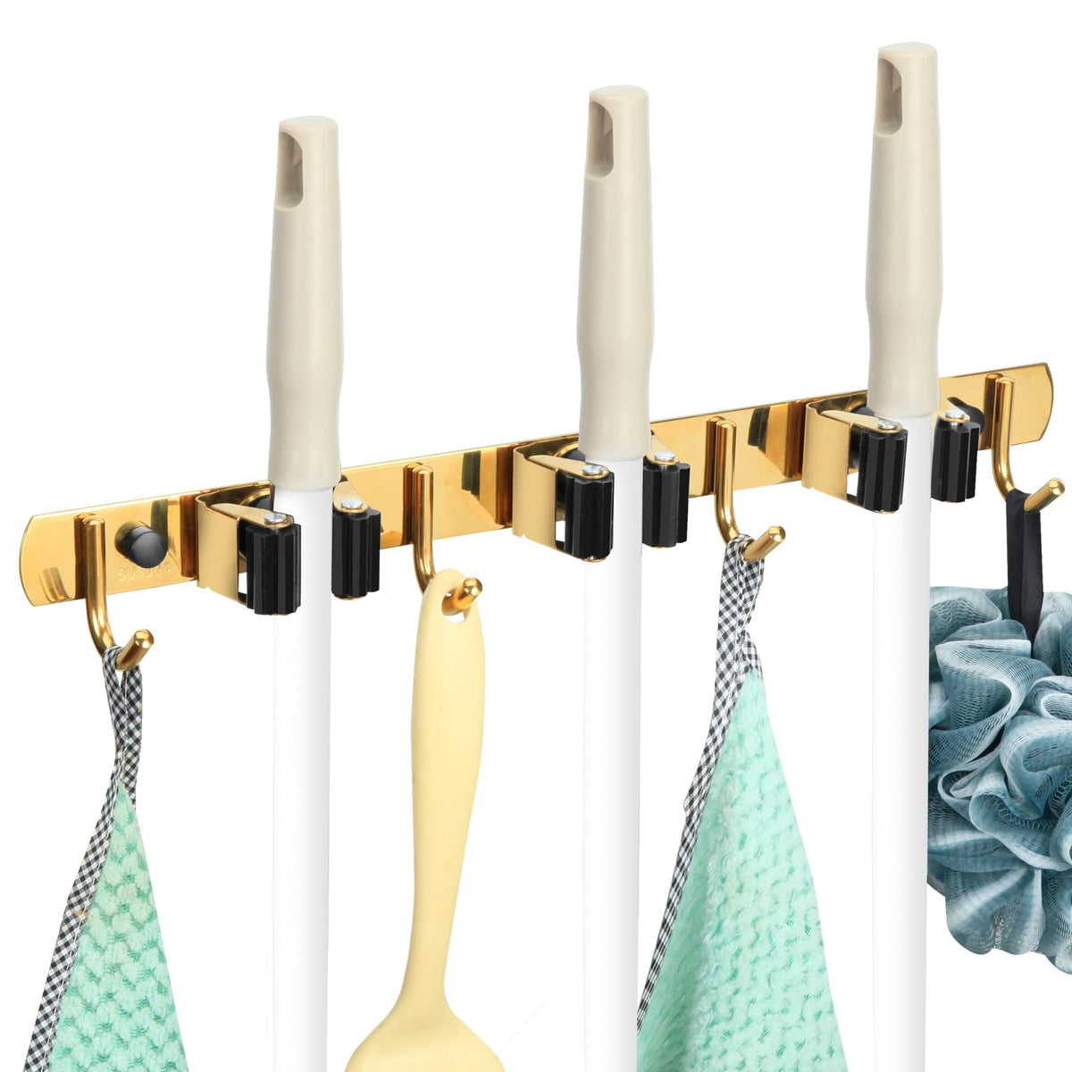 3 Racks and 4 Heavy Duty Hooks Mop and Broom Holder Wall - Image 1
