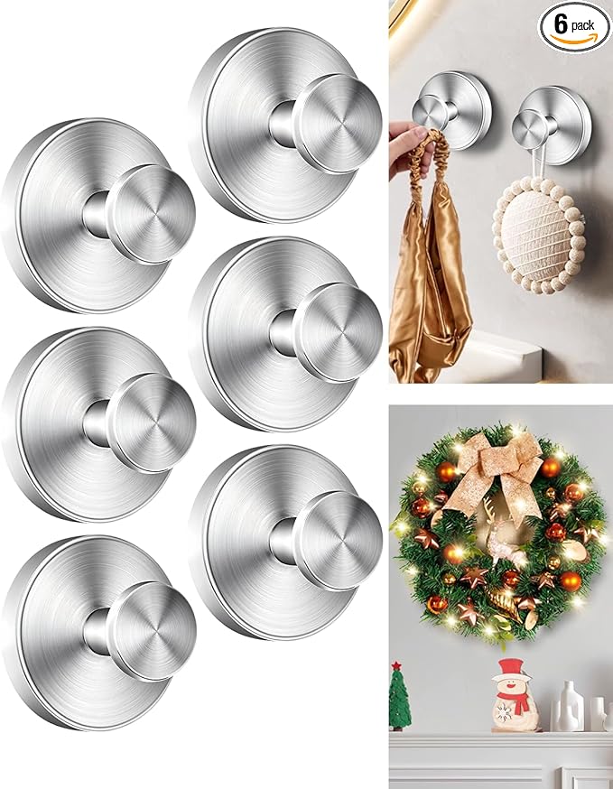 Suction Cup Hooks for Shower, Suction Cup Hooks for Door Wreaths, Robe Towel Hooks Heavy Duty for Bathroom Hanging, Windows, Kitchen, Glass, Mirror, No Drilling, 6 Pack (Silver)