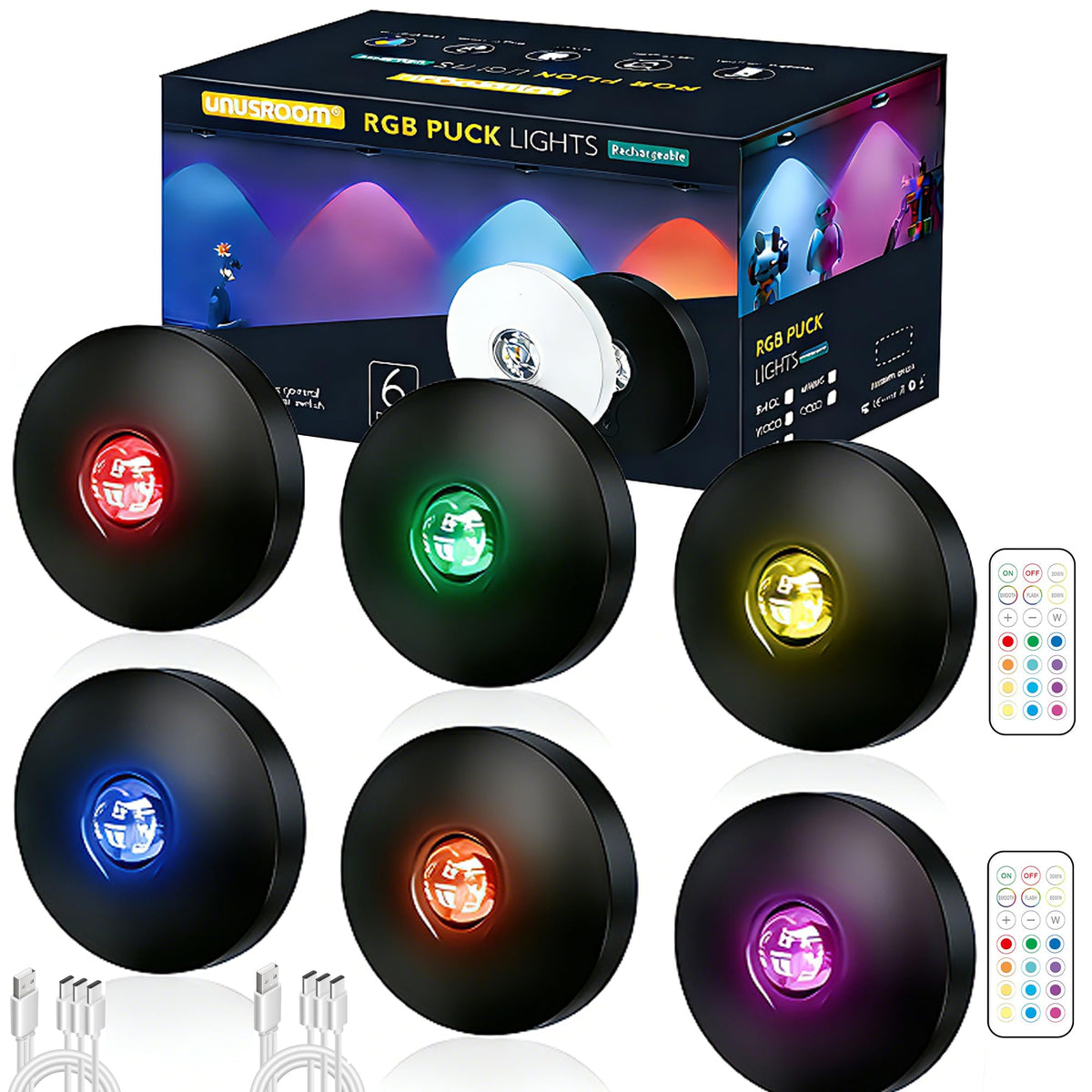 UNUSROOM Rechargeable RGB Puck Lights with Remote Control - Image 1