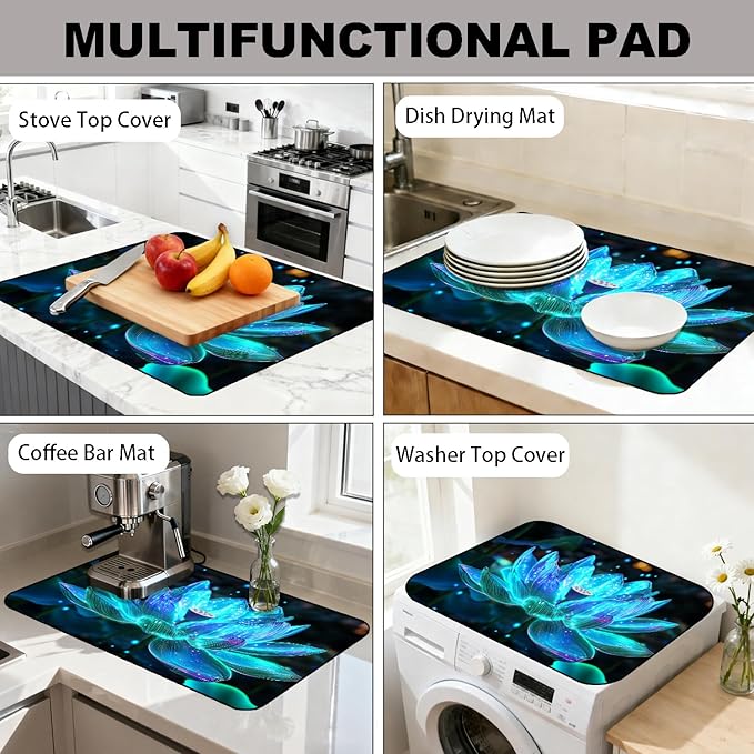 Glass Stove Top Covers for Electric Stove, Heat Resistant Counter Protector Mat, Non Slip Waterproof Surface Cover for Kitchen Counter and Cooktop (Glowing Blue Lotus, 28"L x 20"W)