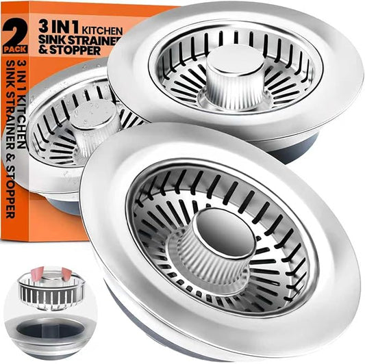 Kitchen Sink Drain Strainer & Sink Stopper, Upgraded 3 in 1 Stainless Steel Drain Plug Combo with Anti-Clog Basket, Pop Up Drain Cover for Standard 3-1/2'', Fits Double Bowl Kitchen Sinks