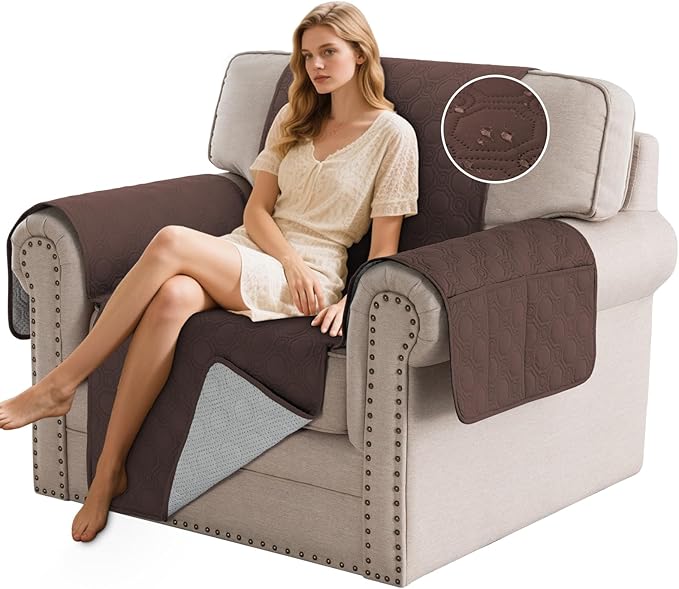 PrinceDeco Chair Cover 100% Water Proof Sofa Cover Non-Slip Brown Couch Cover with Elastic Straps Furniture Protector, Washable Armchair Cover for Pets Kids Dog Cat- Chair 23"