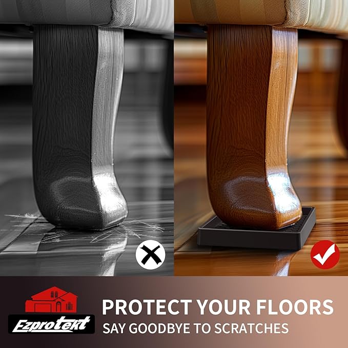 Ezprotekt 3x3” Square Rubber Anti Slip Furniture Pads Coasters for Hardwoods Floors, 4 Pcs Non Slip Furniture Caster Cups Floor Protectors for Sofa Couch Bed Stoppers to Prevent Sliding (Brown)