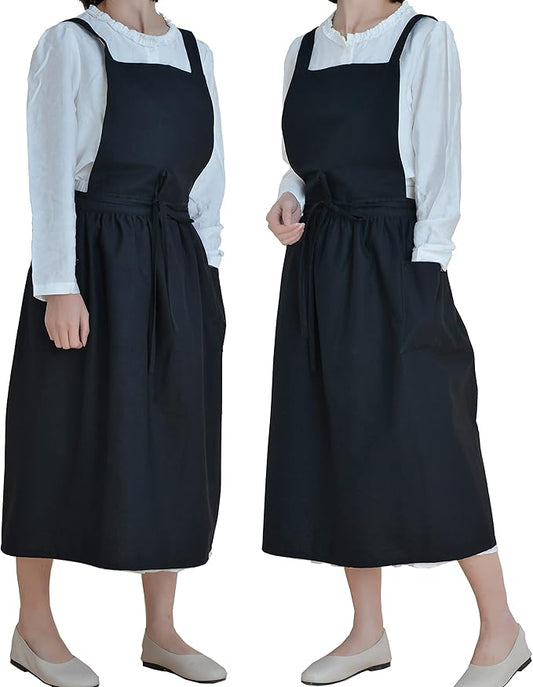 VLZUFE Women Cotton Linen Cross Back Apron with Pockets for Gardening Works Pinafore Dress Black
