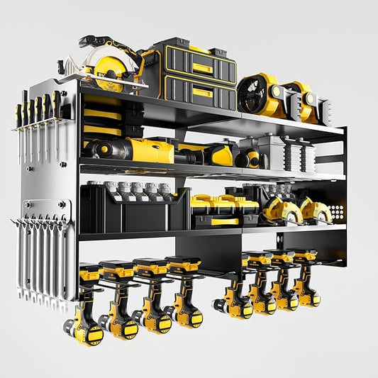oviitech Power Tool Organizer Wall Mount, 8 Drill Holder Wall Mount Loads 400lbs, 4 Layer Heavy Duty Metal Power Tool Storage, Black, Utility Rack for Garage Workshop, Gifts for Men