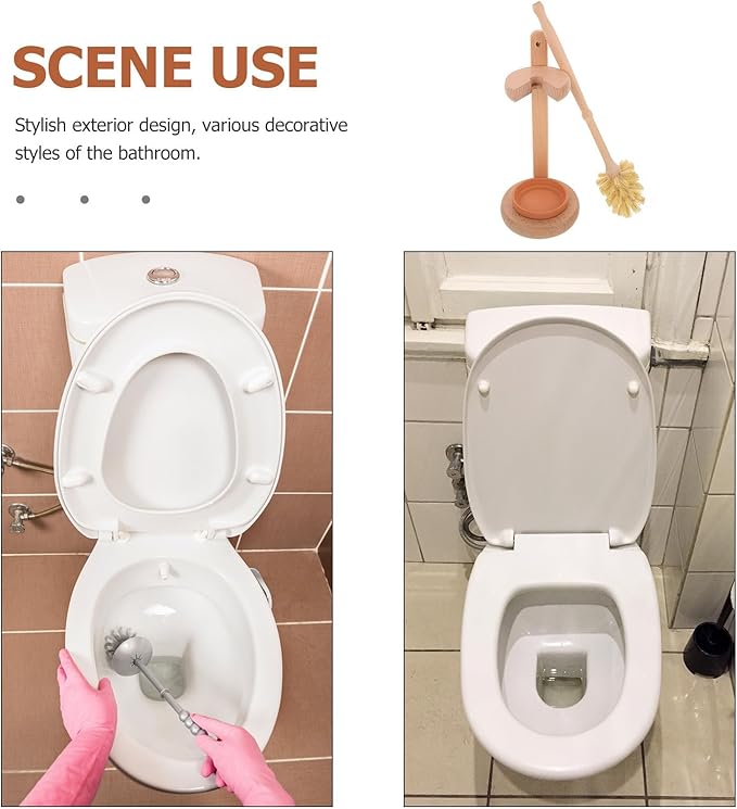 Ceramic Toilet Brush and Holder Set with Strong Bristles Sisal Fiber Handle Beech Wood Base for Household Bathroom Cleaning Sturdy Toilet Scrubber
