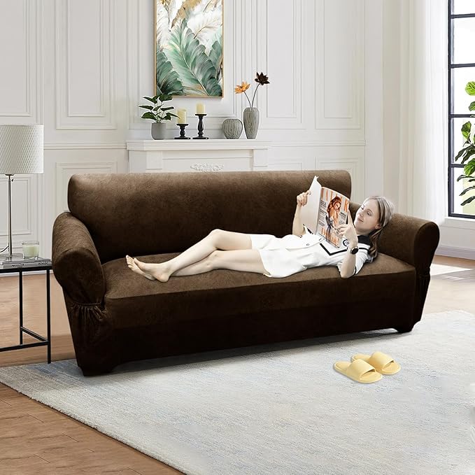 Loveseat Sofa Slipcover Leather Look Couch Covers for 2 Seater Couch Sofa 1-Piece Sofa Cover Stretch Furniture Protector with Elastic Bottom & Pockets(Loveseat, Dark Brown)