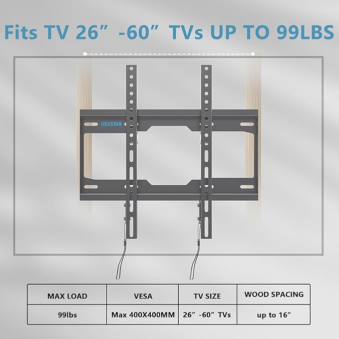 Fixed TV Wall Mount for Most 26-60 Inch Screen, Low Profile TV Mount with Quick Release Lock, Ultra Slim Wall Mount Bracket, Max VESA 400x400mm, Holds up to 99 lbs, up to 16”Wood Studs by USX STAR