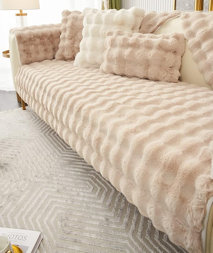 Soft Warm Faux Fur Couch Sofa Cover Thick Shaggy Fuzzy Sectional Couch Cover Non-Slip Solid Color Plush Sofa Slipcover Furniture Protector for Kids, Pets (Light Brown,43"x70")
