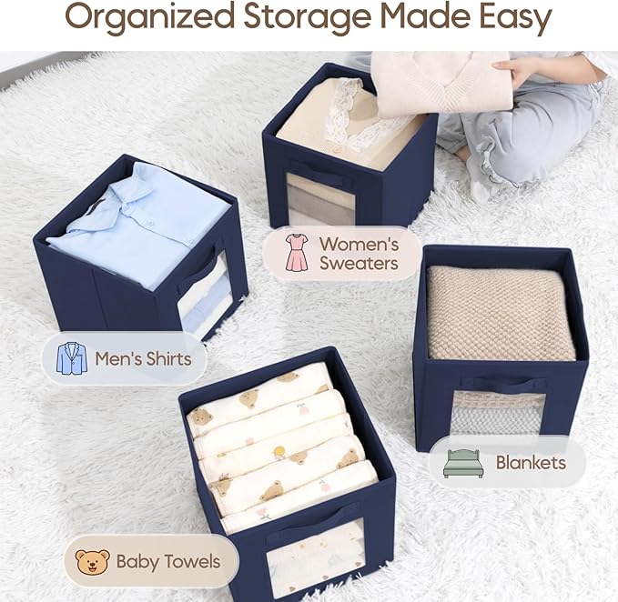 Storage Cube 11 Inch - Cube Storage Bins with Window, Closet Storage Baskets with Handle, Fabric Bins for Closet, Shelves, Toys, Clothes, Set of 6, Navy Blue