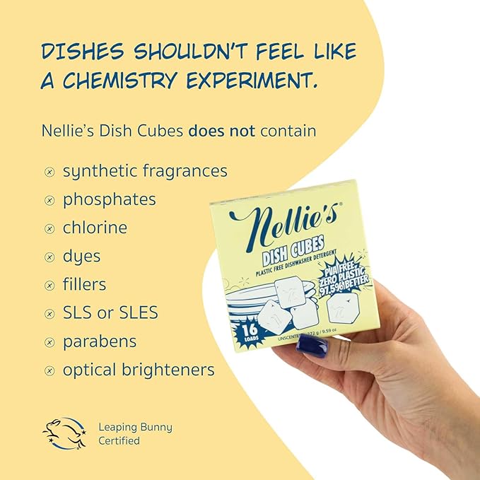 Nellie’s Dish Cubes – 64-Pack (4 Boxes of 16 Cubes) – Compact Dishwasher Detergent – Space-Saving, Plastic-Reduced Packaging – Tough on Grease and Grime – Made in Canada