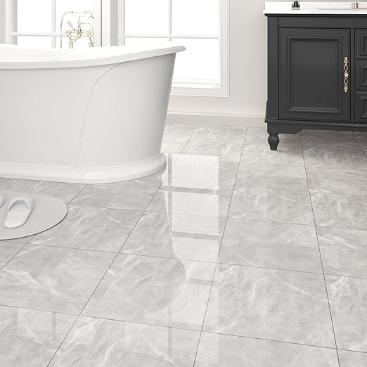 40-Pack Peel and Stick Floor Tiles Vinyl Floor 12 x 12 inch Self Adhesive Waterproof Glossy Flooring Planks DIY for Bathroom, Kitchen, Living Room, RV, Cover 40 Sq. Ft, Polish Light Grey Marble