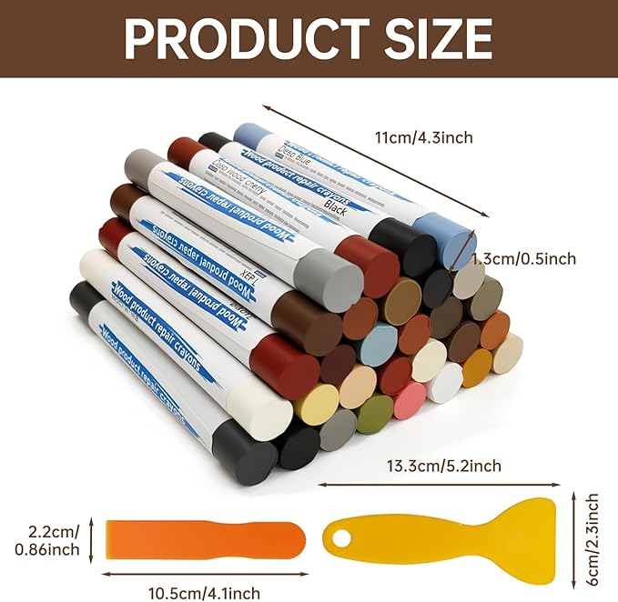 30+2P Wood Filler Sticks, 30 Colos Wood Filler Putty Wax Crayons Furniture Repair Kit Putty Stick for Baseboard Cabinets Furniture Floors(with 2 Scrapers)
