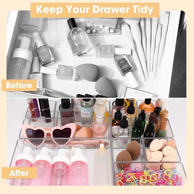 18 Pcs Drawer Organizer Stackable 4 Size Makeup Drawer Organizer Trays Acrylic Bathroom Vanity Storage Bins for Cosmetic, Jewelries, Office Supply, Kitchen Utensils(Clear,Glossy)