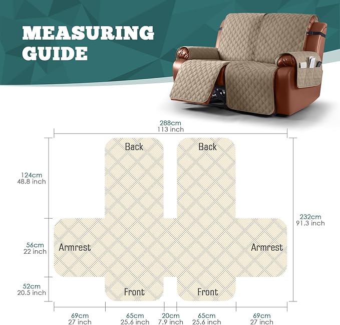 Ruaozz Waterproof Recliner Sofa Covers, 1-Piece Reclining Couch Covers Non-Slip Sofa Slipcover Washable Furniture Protector with Elastic Straps Pocket for Kids Pets (Khaki, 2 Seater)