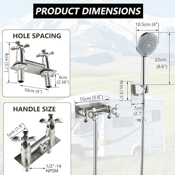 RV Shower Faucet, All Metal Camper Shower Faucet Replacement, 4" RV Outdoor Shower with 5 Modes Handheld for RV, Camper, Motorhome