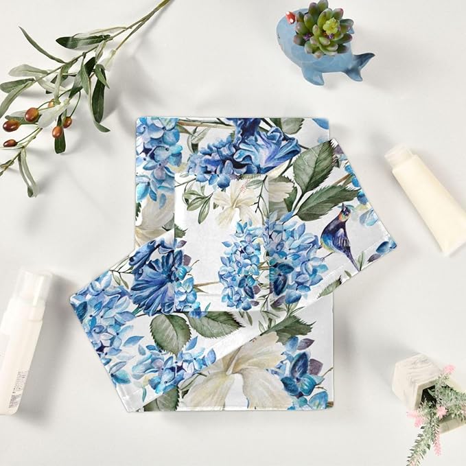 Blue White Floral Bath Towels Set,Absorbent Soft 3 Piece Spring Birds Hydrangea Hibiscus Flower Towels for Bathroom,1 Bath Towel 1 Hand Towel 1 Washcloth,Quick Dry Decoractive Bathroom Towels