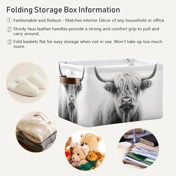 Storage Basket Highland Cow Storage Bin Cube with Handles Foldable Storage Baskets for Shelves Living Room Home Decor 2PCS