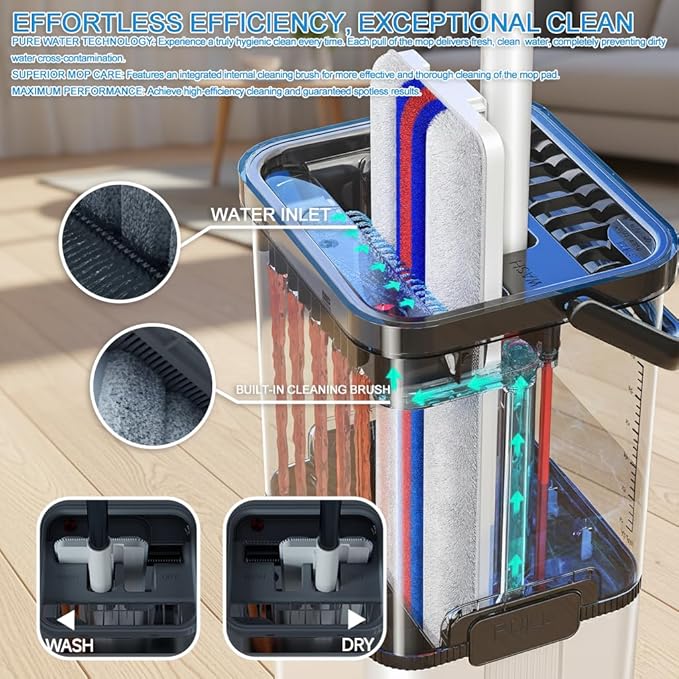 Mop and Bucket Set with Wringer,Separate Clean Dirty Water, Self Wringing Microfiber Dust Flat Mop for Hardwood Floors, Kitchen, Wall Cleaner -with 4 Washable Microfiber Pads