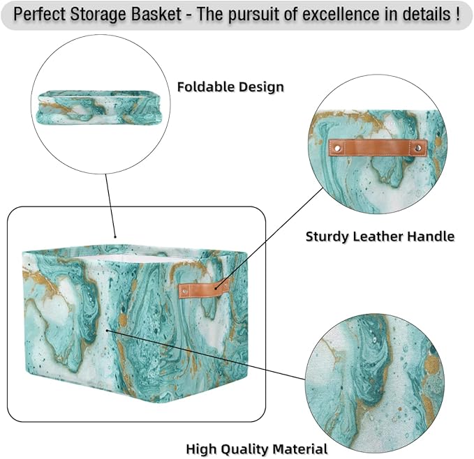 2Pack Turquoise Marble Texture Large Collapsible Storage Bins,Teal Marble Decorative Canvas Fabric Storage Boxes Organizer with Handles,Rectangular Shelves Baskets Box for Home Office Nursery Closet