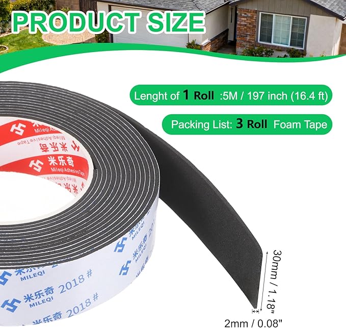 PATIKIL 3Roll Sponge Rubber Foam Tape, 1 3/16" W x 5/64" t x 16.4ft l Self-Adhesive Foam Insulation Tape Weather Stripping for Window Door Soundproofing Weatherstrip AC Seal Strip, Black