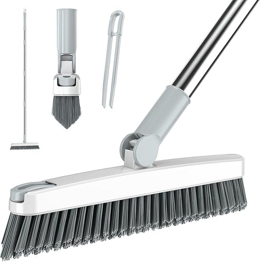 AIR U+ Grout Brush with Long Handle 180° Swivel Scrub Brush with Tweezers to Hair Clip V-Shape Grout Line Scrubber Stiff Bristles for Deep Cleaning Crevice, Tile Line, Shower, Kitchen, Corners（White）