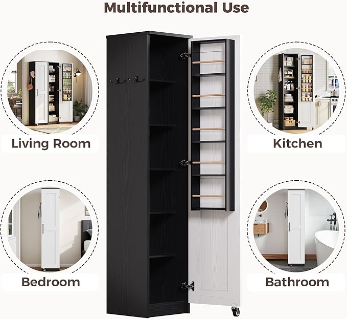 IRONCK Small Kitchen Pantry Cabinet 72" for Narrow Space, with Single Door and Adjustable Shelves, Freestanding Tall Storage Cabinet for Living Room, Bathroom, Black and White