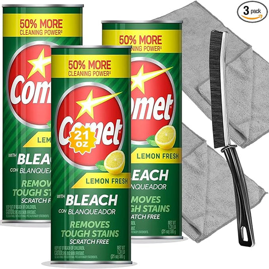 Cleaning Bundle: Comet Lemon Fresh Powder Cleanser with Bleach, 21 oz Bottles, 3 Pack + 2 Microfiber Cloths + 1 Narrow Brush