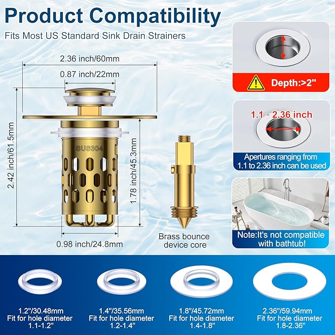 Bathroom Sink Stopper,All Metal Pop-Up Sink Drain Strainer with Removable Stainless Steel Filter Basket, Universal Bathroom Hair Catcher Fit for 1.1-2.36'' Drain (Gold, 1 Pack)