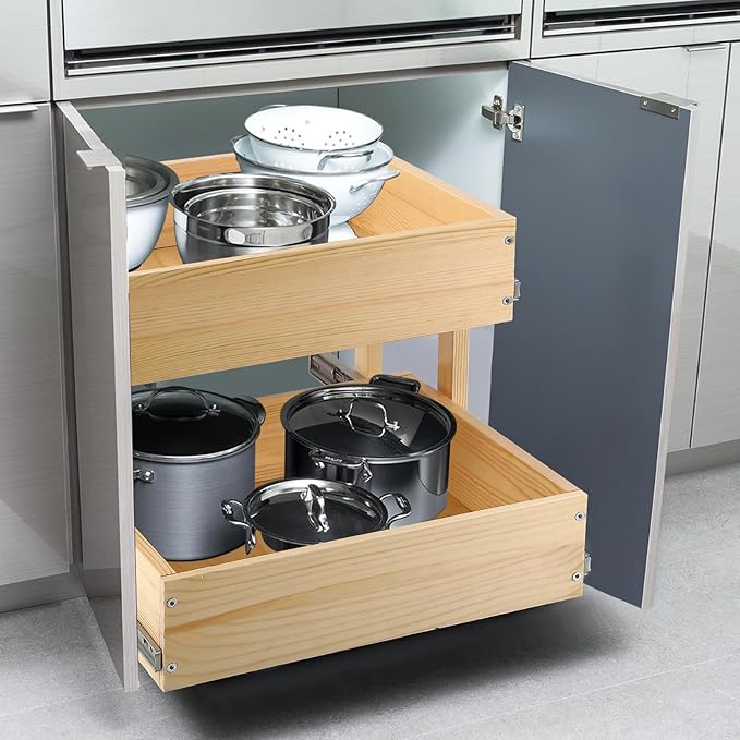 Pull Out Cabinet Organizer, 26''W×21''D×16''H Soft Close Slide Out Wood Drawer Shelves Storage for Kitchen, 2-Tier, Finished, Heavy-Duty, Bottom Assembly