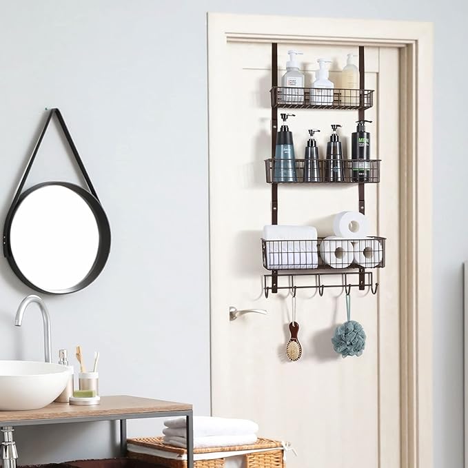 Over the Door Basket Organizer 3 Tier Hanging Basket Door Shelf Rack Heavy Duty Over Door Pantry Organizer with 3 Metal Baskets for Kitchen Bathroom Bedroom Living Room, Dark Brown