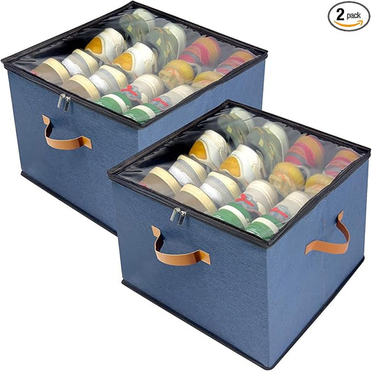 Shoe Organizer for Closet, 2 Pack Shoe Storage Bins with Clear Cover, Adjustable Dividers Fits 16-32 Pairs ShoeBoxes, Organizador de Zapatos, Navy Blue
