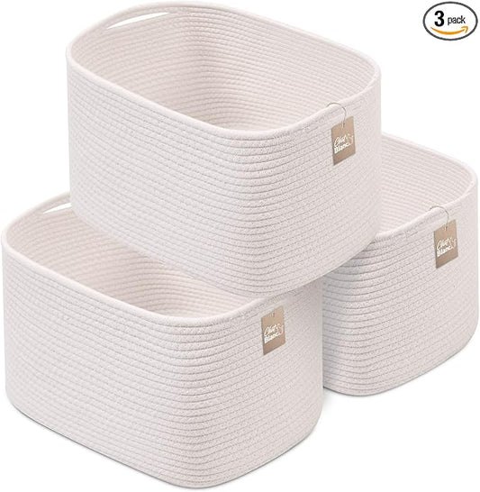 CHAT BLANC Cotton Rope Baskets for Organizing | Storage Baskets for Shelves | Rope Basket for Storage, Small Laundry Baskets, Woven Baskets for Storage, Dog Toy Bin, Baby Basket, Creamy White 3 Pack
