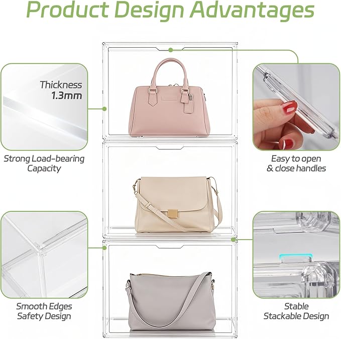 Clear Stackable Storage Bins, Acrylic Display Case, Acrylic Boxes with Lids, Magnetic Lid Storage Bins for Handbags & Purse, Large Figures Collectibles, Storage Box for Home Organization(5 Pack)
