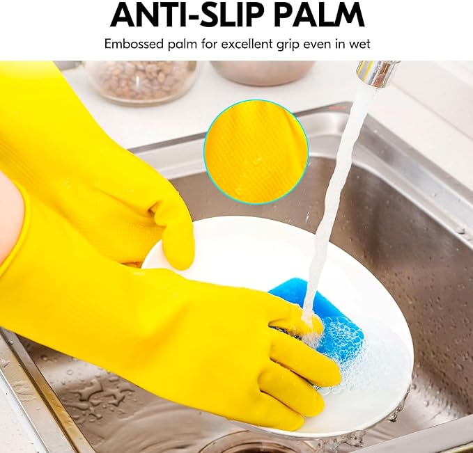 Vgo... 10-Pairs Reusable Household Gloves, Rubber Dishwashing gloves, Extra Thickness, Long Sleeves, Kitchen Cleaning, Working, Painting, Gardening, Pet Care (Size XL, Yellow, HH4601)