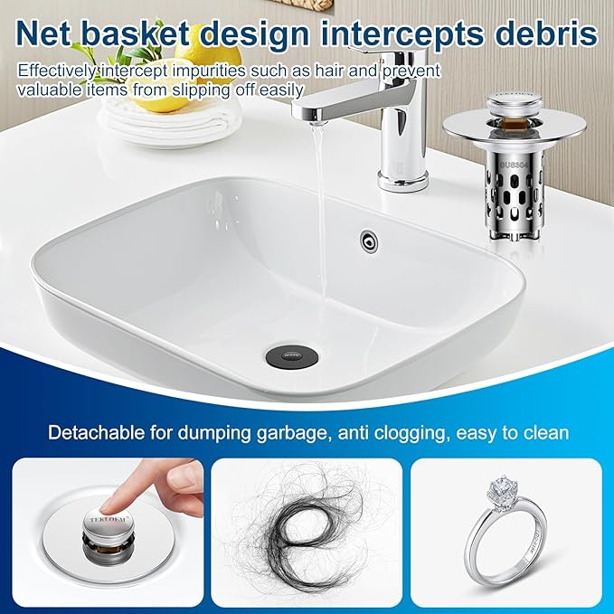 Bathroom Sink Stopper,All Metal Pop-Up Sink Drain Strainer with Removable Stainless Steel Filter Basket, Universal Bathroom Hair Catcher Fit for 1.1-2.36'' Drain (Silver, 2 Pack)