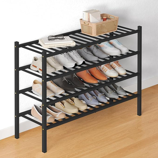 Smiry Bamboo Shoe Rack for Closet, 4 Tier Long Wooden Stackable Shoe Organizer, Free Standing Shoes Storage Shelf for Entryway, Front Door Entrance, Black