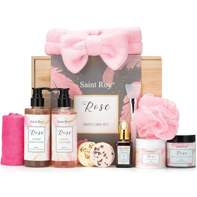 Spa Gifts for Women - 10pcs Self Care Kit with Rose Scented Facial Cleanser, Scrub, Body Wash, Clay Mask, Essential Oil