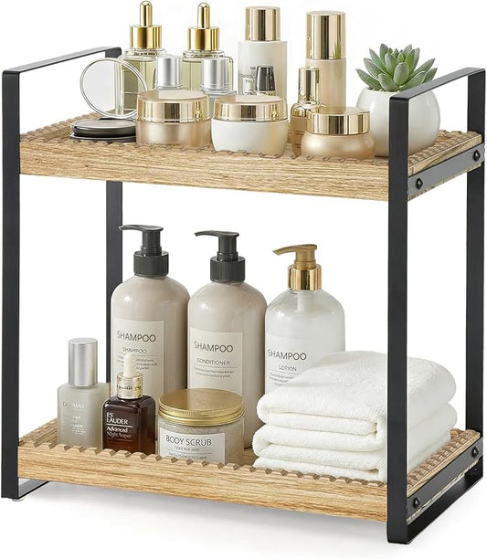 2 Tier Bathroom Organizers and Storage, Farmhouse Countertop Organizer for Bathroom Storage, Makeup Organizer for Decor, Wood Shelf for Perfume Skincare Kitchen Coffee Bar, Vanity Accessories (Brown)