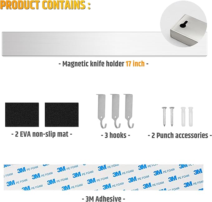 Fridge Applicable 17 Inch Double Sided Magnetic Knife Holder - Stainless Steel Knife Strip With Powerful Magnetic Pull Force - Use as Kitchen Knife Holder, Knife Rack & Tool Holder - Silver