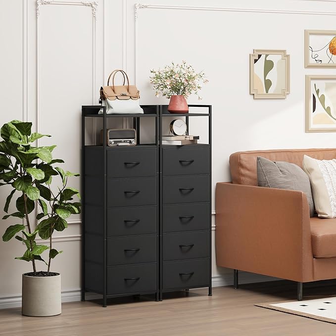 Somdot Tall Night Stand for Bedroom,Tall 5 Drawers Dresser, Vertical Storage Tower Unit, Nightstand Furniture with Fabric Drawer Organizer in Bedside Kids Dorm Room Closet Laundry Entryway,Black