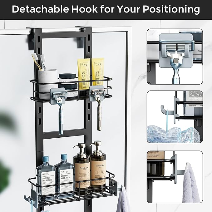 ODesign Over The Door Shower Caddy, 3-Tier Adjustable Hanging Caddy with 4 Hooks, Rustproof Bathroom Organizer with Suction Cup, Shower Shelf Rack for Shampoo, Razor - Black