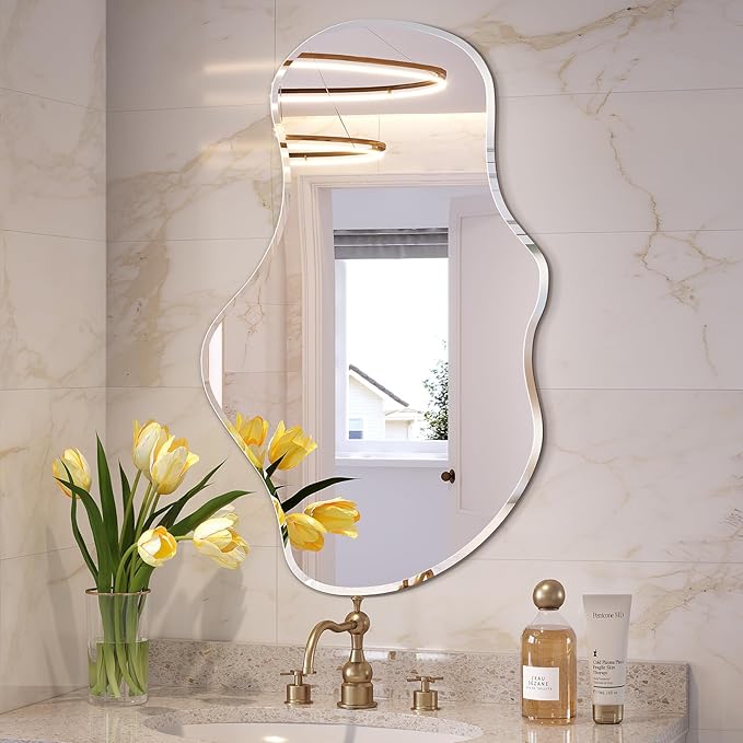 Irregular Wall Mirror, 22”x38” Frameless Asymmetrical Mirror, Beveled Frameless Funky Wavy Wall Mirrors for Entry Way Modern Bathroom Bedroom Living Room