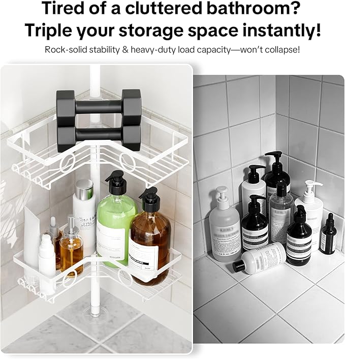Corner Shower Caddy Tension Pole, 4 Tier Rustproof Shower Tension Rod Organizer with Soap Holder & Hooks, Adjustable 30-121 Inch Bathroom Shelf for Renters - Family Stand Storage Rack, White