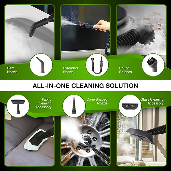 Handheld Steam Cleaner with Detergent Container – 1250W High-Pressure Multipurpose Steamer – Continuous Steam Lock, Large Tank, Safety Lock – for Home, Kitchen, Bathroom, Car Cleaning