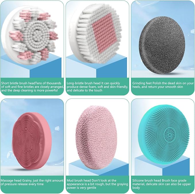 Longzhuo Electric Back Scrubber for Shower with 6 Brush Heads, Rechargeable Bath Brush, Electric Body Scrubber with Long Handle, for Cleanse, Massage, Exfoliate and Pamper Your Skin (Sapphire Blue)