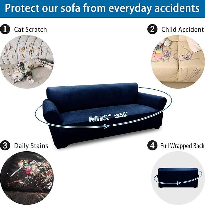 Couch Cover Leather Look 3 Seater Couch Sofa Cover 1-Piece Sofa Slipcover Stretch Furniture Protector with Elastic Bottom & Pockets(Sofa, Navy)
