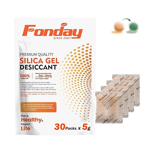 5g x 30 packs Fonday Rechargeable Silica Gel Desiccant Packets Food Grade Fast Reactivate Desiccant Bags Moisture Indicating Orange to Green