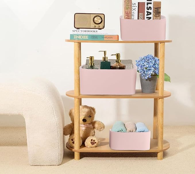 HofferRuffer Faux Leather Storage Baskets Bins with Velvet Lining for Organizing, Storage, Gifts, Set of 3 Nesting Shelf Baskets Decorative Storage Boxes for Home Organization (Pink)